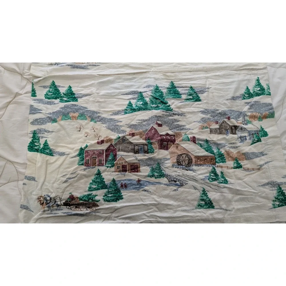 Vintage Winter Village Flannel Pillowcase Set Christmas Snowy Sleigh Farmhouse